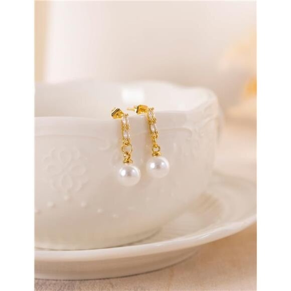 14K Gold Plated Teardrop Pearl Drop Earrings - Picture 5 of 5